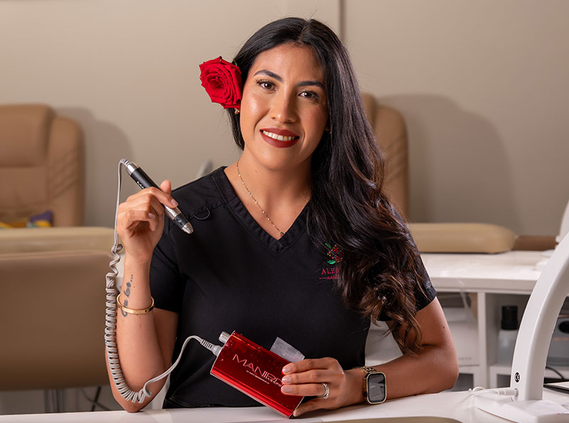 a woman holding a professional e-file